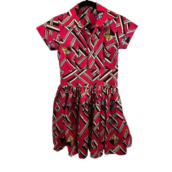 Ladies Dutch Wax Print A Line Collared Short Sleeve Dress‎ Size Small - Picture 1 of 13